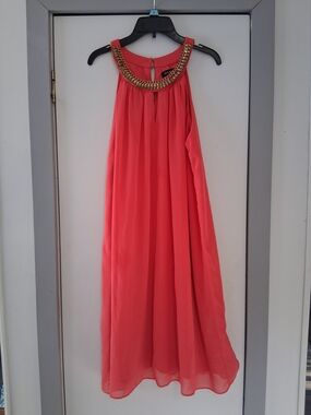 Jessica Coral Halter Dress with Gold Beaded Neckline
